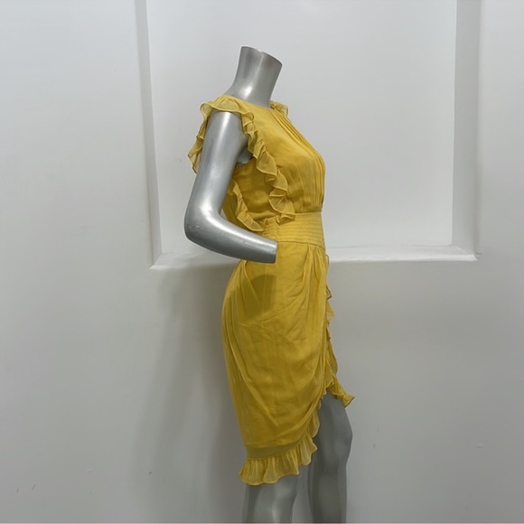 BCBGMAXAZRIA Bamboo Ruffles Silk Dress Yellow Runway Size 0 - Picture 7 of 15